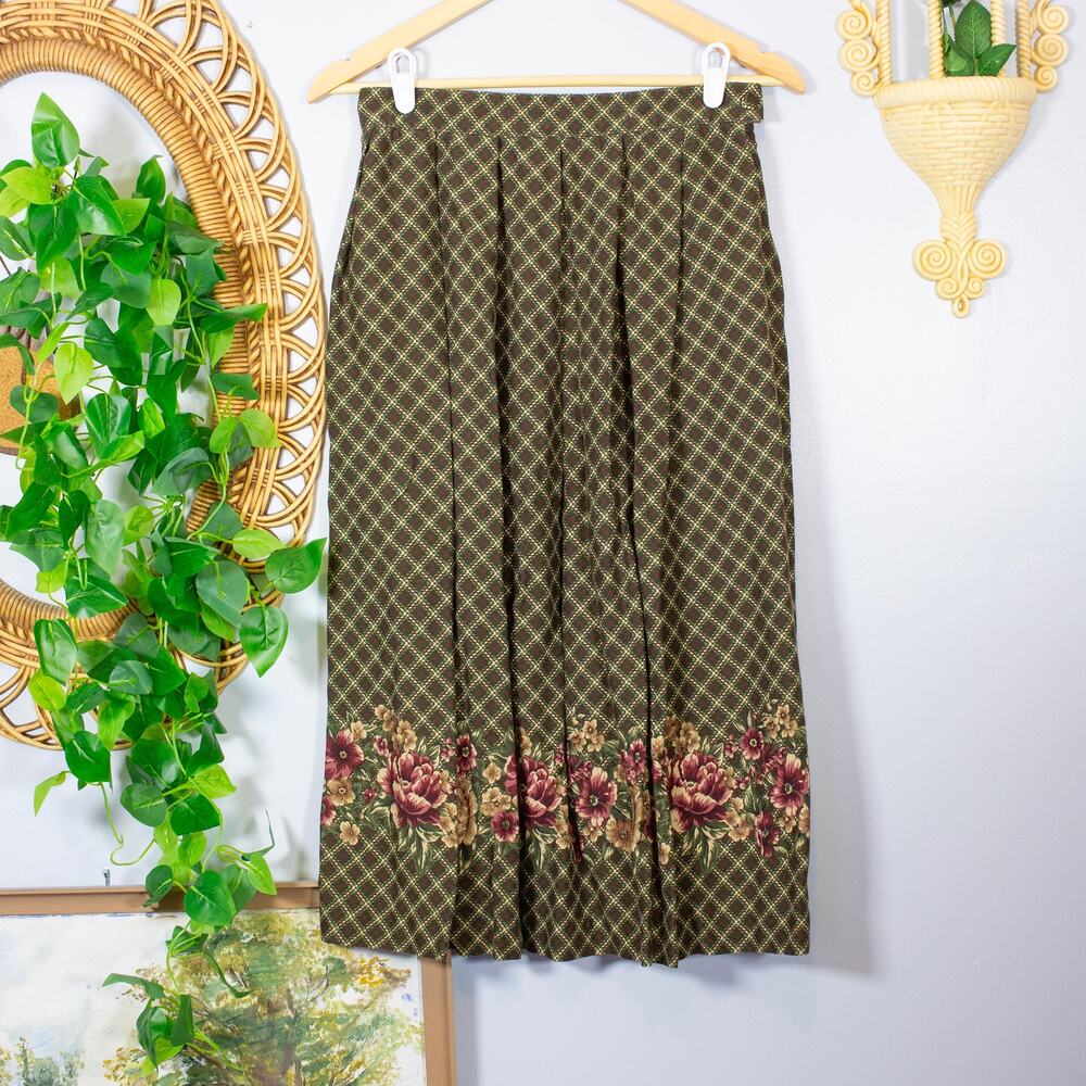 VTG Olive Floral Border Print Pleated Maxi Skirt Trellis Plaid Koret Soft Autumn
